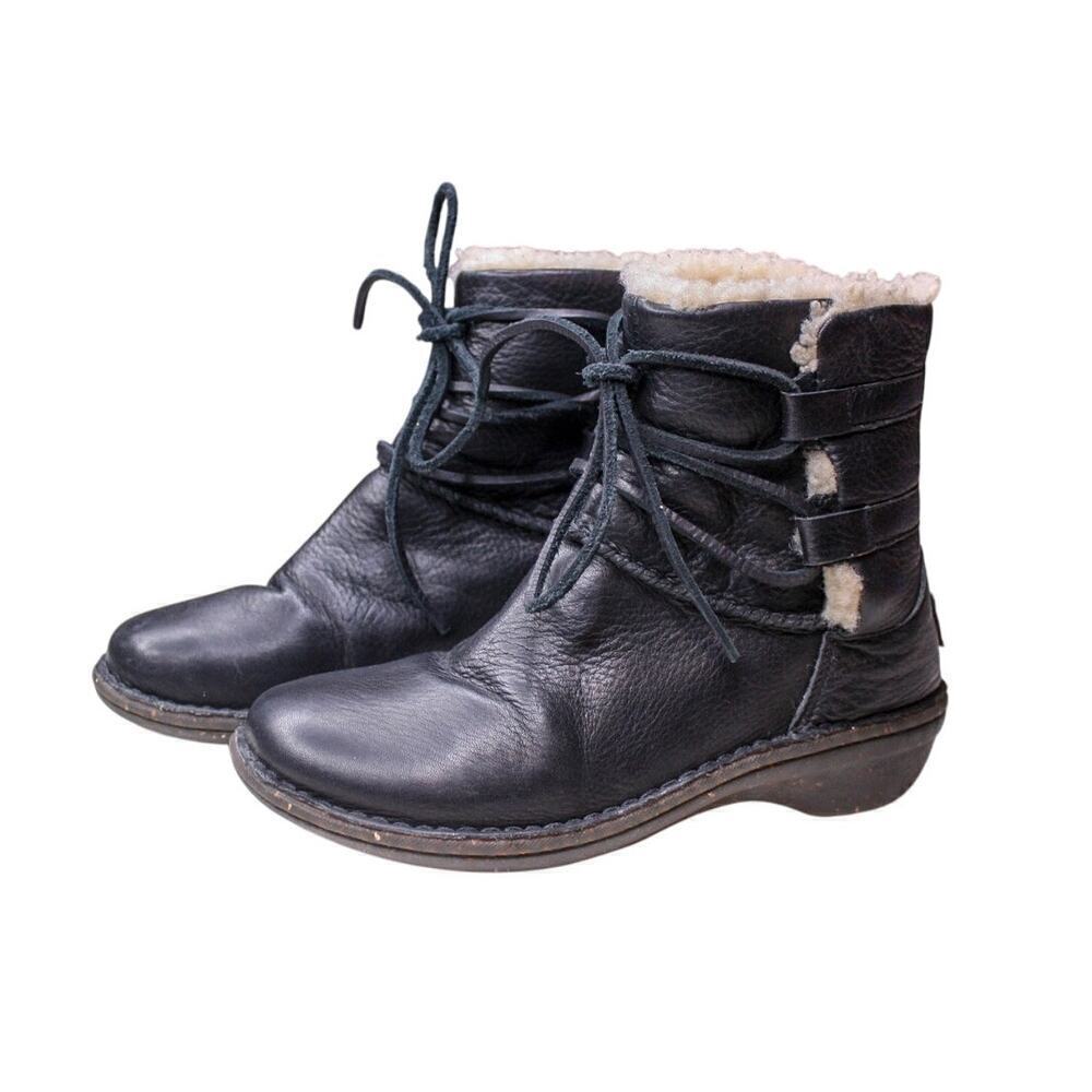 Ugg Australia Caspia Black Leather Boots Shearling Lined Chore Outdoor